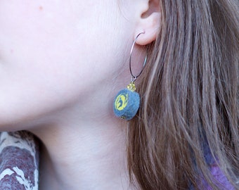 Grey Yellow Swirl Felt earrings - wool bead earring - felt swirl - ecofashion - Lightweight earring - crystal - wearable art - gift for her