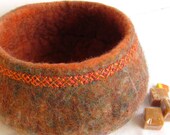 Halloween Thanksgiving wet felted wool bowl, beading and embroidered edge, medium size autumn colors