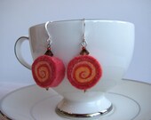 Red orange statement sushi felt wool earrings, swarovski crystal beads, handmade, lightweight felt earrings, silver plated hook, trendy gift