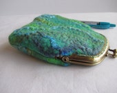 Wet Felted wool coin purse with vibrant hand dyed silk fibers and threads.  Lime green, aquamarine pouch, lined. Special gift!