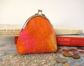 Handmade Wet Felted orange wool coin purse with vibrant hand dyed silk fibers, wool and silk threads. Lined. Special gift!