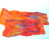 Orange/ Red Orange Wet Felted Superfine Merino Wool Scarf Handmade. Contains dyed red silk fibers and reclaimed blue and gold silk fibers.