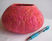 Wet felted wool bowl medium size pink melon with gold, red and pink silk threads, eye catching home and living