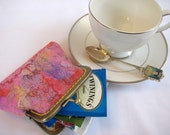 Wet Felted wool tea wallet with silk threads, and silk fibers. Peach, purple, pink. lined. Exquisite!