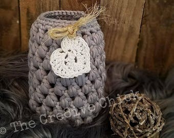 Mason Jar Cozy with heart | Crochet PATTERN fast & easy! Vase cover, cute shabby chic home decor | INSTANT download! Pdf| farmhouse DIY gift