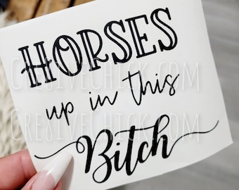 Horses up in this bitch! Funny HORSE Trailer DECAL Bumper STICKER vinyl Equestrian gift humor dressage western riding horsetrailer warning