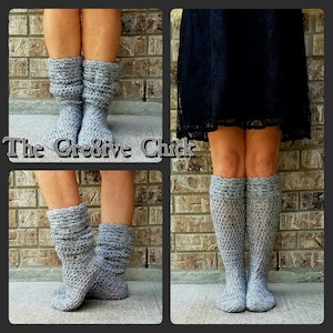 May include: Grey crochet knee-high socks with a lacy pattern. The socks are being worn by a person standing on a brick surface. The text "The Creative Chick" is visible in the image.