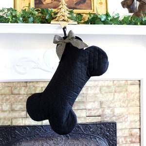 Black Quilted Dog Christmas Stocking - Custom Pet Stocking - Dog Bone Stocking with Bow, Gifts for Pet lovers, FREE SHIPPING