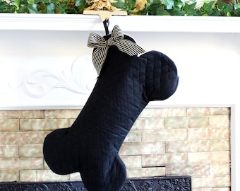 Personalized Black Quilted Dog Bone Christmas Stocking with Bow