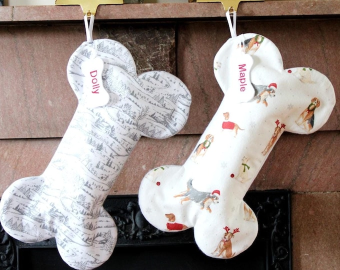 Dog Bone Christmas Stocking – Personalized Pet Christmas Stocking – Holiday Flannel Soft Stockings for Dogs, FREE SHIPPING, Fully Handmade