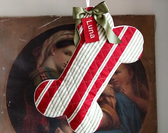 Quilted Dog Bone Christmas Stocking – Red & Green – Personalized Pet Stockings with Custom Name Tag