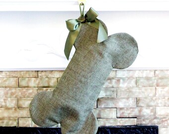 Personalized Olive Green Linen Dog Bone Christmas Stocking - USA Made
