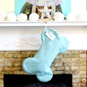 Blue Dog Christmas Stocking Personalized - Aqua Blue Plaid Pet holiday Stocking, FREE SHIPPING