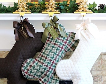 Personalized Dog Bone Christmas Stocking: Quilted Plaid or Ivory