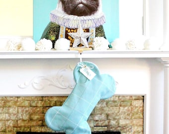 Personalized Aqua Plaid Pet Christmas Stocking: Handmade Bone or Fish Shape
