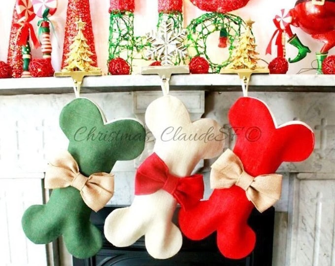 Burlap Dog Bone Christmas Stocking - Pet Holiday Stocking - Rustic Dog Decor, Fully Handmade