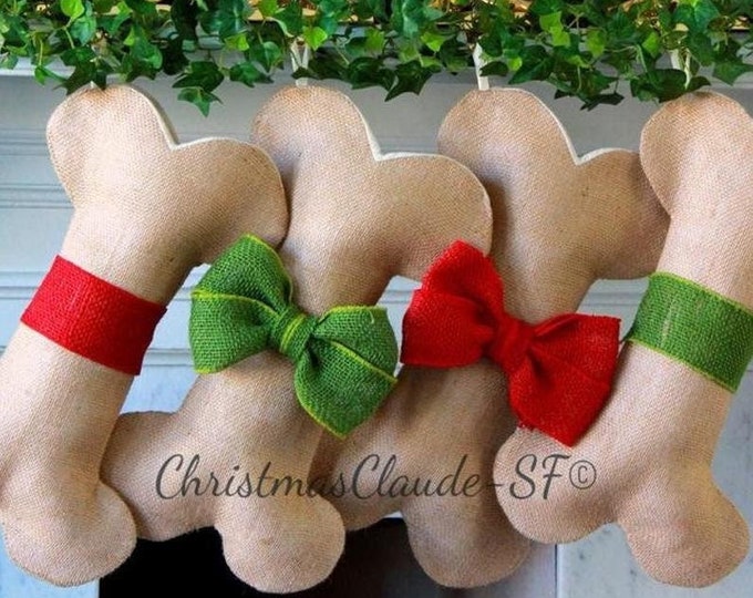 Dog Christmas Stocking, Personalized Burlap Dog Stocking with Bows and Monogrammed Names, Fully Handmade