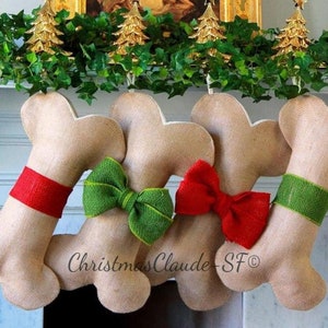 Dog Christmas Stocking, Personalized Burlap Dog Stocking with Bows and Monogrammed Names, Fully Handmade