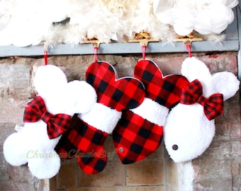 Dog Christmas Stocking, Red Plaid and White Sherpa Fur Dog Christmas Stockings, Red and White Stockings,  Buffalo Dog Stocking