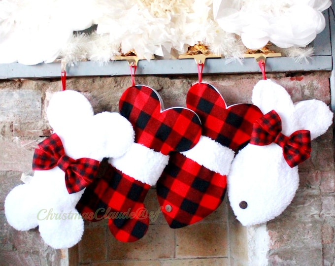 Red Plaid Dog Christmas Stocking – Buffalo Plaid & White Sherpa Fur – Personalized Holiday Stockings for Pets