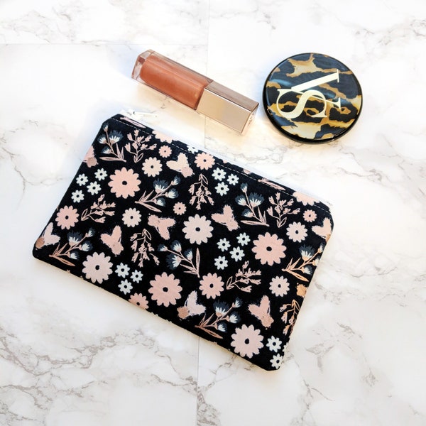 Blush Rose Gold Floral on Navy Small Zipper Pouch