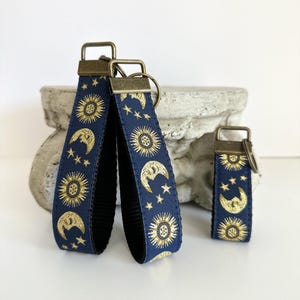 Celestial Key Fob / Dark Blue / Gold Moon and Sun / Antique Brass / Choice from 3 Sizes