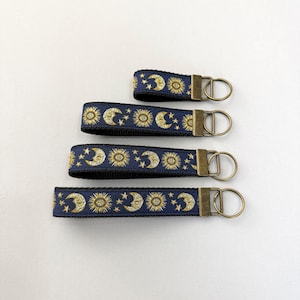 Celestial Key Fob: Gold Moon, Sun, Stars on Dark Blue, Choice from 4 Sizes