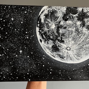 Moon and Stars Acrylic Painting  • moonscape artwork • Black and white painting gray • Original Artwork • Made to Order • Ready to Ship