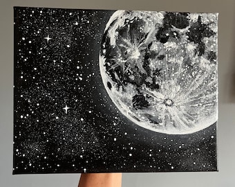 Moon and Stars Acrylic Painting  • moonscape artwork • Black and white painting gray • Original Artwork • Made to Order • Ready to Ship