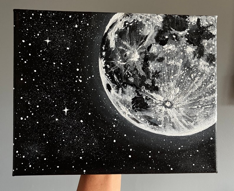 Moon and Stars Acrylic Painting moonscape artwork Black and white painting gray Original Artwork Made to Order Ready to Ship image 1