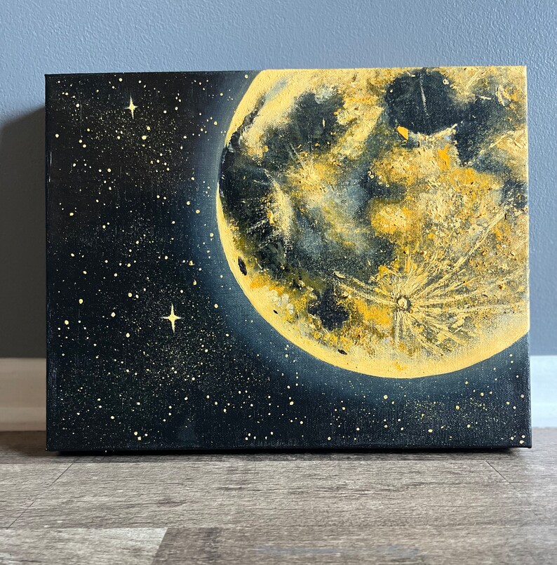 Golden Moon and Stars Acrylic Painting Moonscape artwork Full Moon and Stars golden yellow orange moon Made to Order image 4