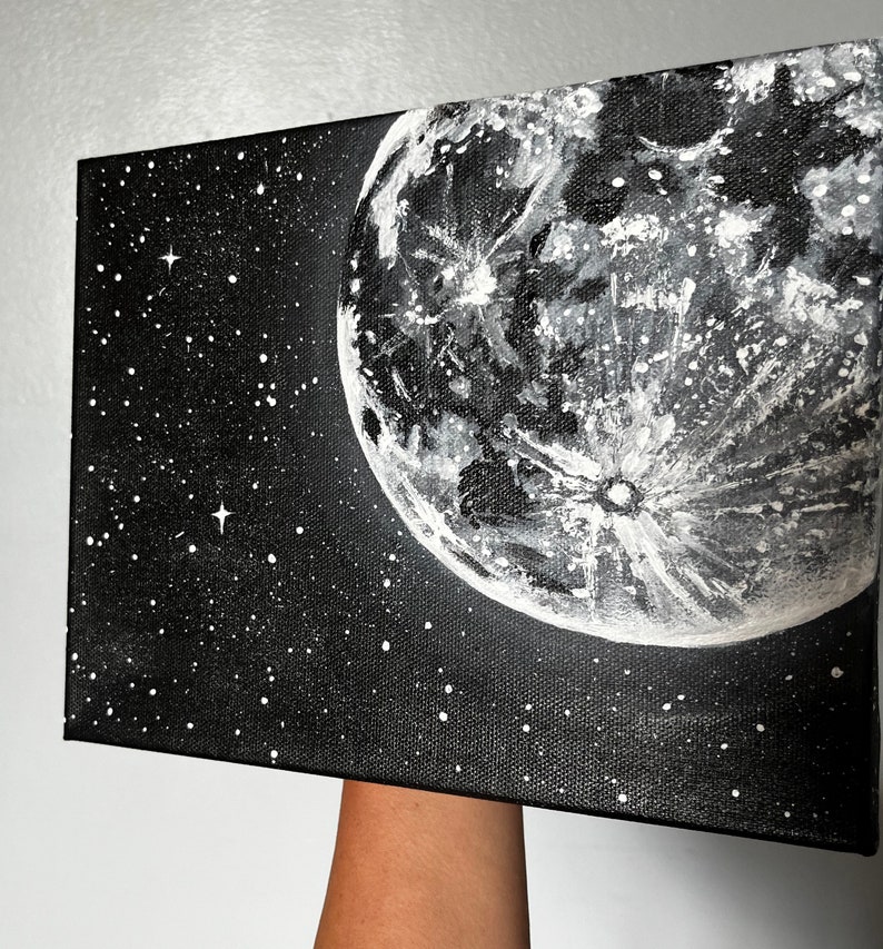 Moon and Stars Acrylic Painting moonscape artwork Black and white painting gray Original Artwork Made to Order Ready to Ship image 4