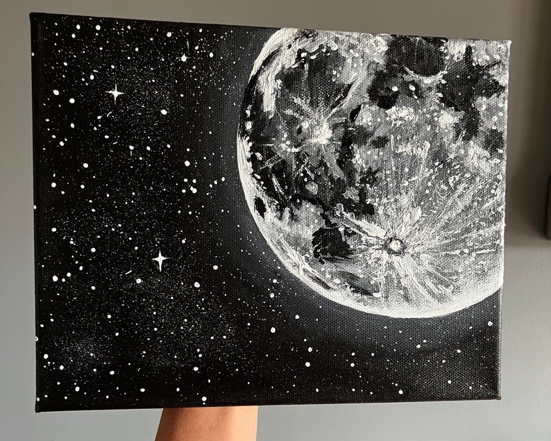 Moon and Stars Acrylic Painting moonscape artwork Black and white painting gray Original Artwork Made to Order Ready to Ship image 5