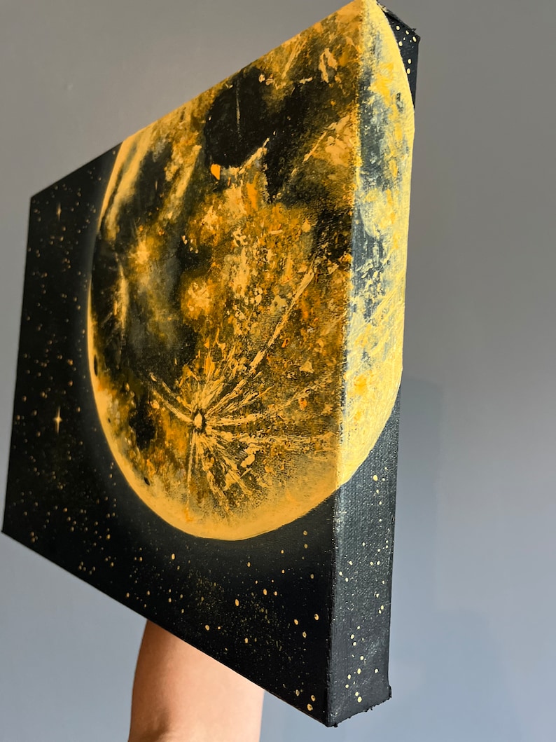 Golden Moon and Stars Acrylic Painting Moonscape artwork Full Moon and Stars golden yellow orange moon Made to Order image 3