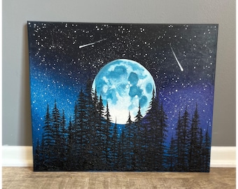 Under the Moon •Full Moon above the Tree Tops in the Night Sky • Original Acrylic Painting • Original Artwork • 16x20 inches • Ready to Ship