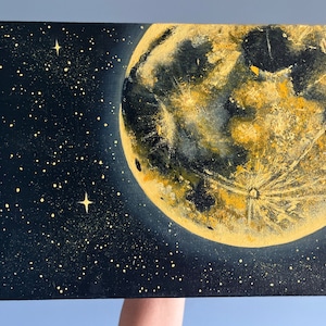 Golden Moon and Stars Acrylic Painting • Moonscape artwork • Full Moon and Stars • golden yellow orange moon • Made to Order