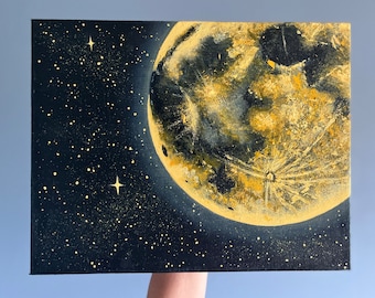 Golden Moon and Stars Acrylic Painting • Moonscape artwork • Full Moon and Stars • golden yellow orange moon • Made to Order