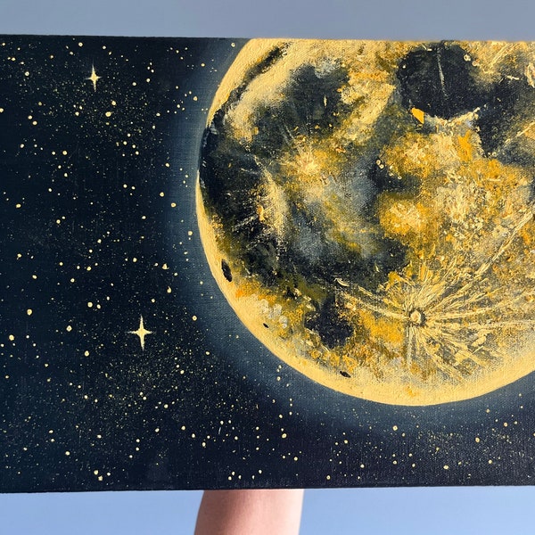 Golden Moon and Stars Acrylic Painting • Moonscape artwork • Full Moon and Stars • golden yellow orange moon • Made to Order