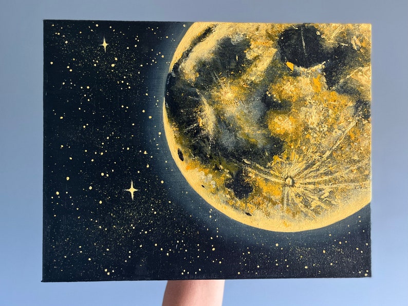 Golden Moon and Stars Acrylic Painting Moonscape artwork Full Moon and Stars golden yellow orange moon Made to Order image 1