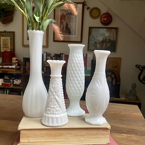 Vintage Milk Glass Vases, Milk Glass Wedding Centerpiece Vases, Neutral Academia Decor, Mismatched Vintage Flower Bud Milk Glass Vases image 1