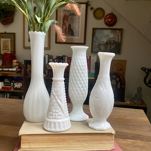 Vintage Milk Glass Vases, Milk Glass Wedding Centerpiece Vases, Neutral Academia Decor, Mismatched Vintage Flower Bud Milk Glass Vases
