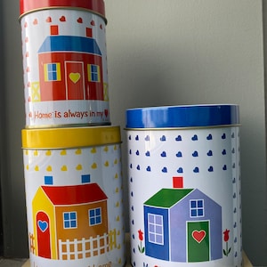Retro Rainbow Hearts Home Metal Canister Set, Home is Where the Heart is Nesting Canisters, Vintage Rainbow Hearts/Home/Love Food Canisters