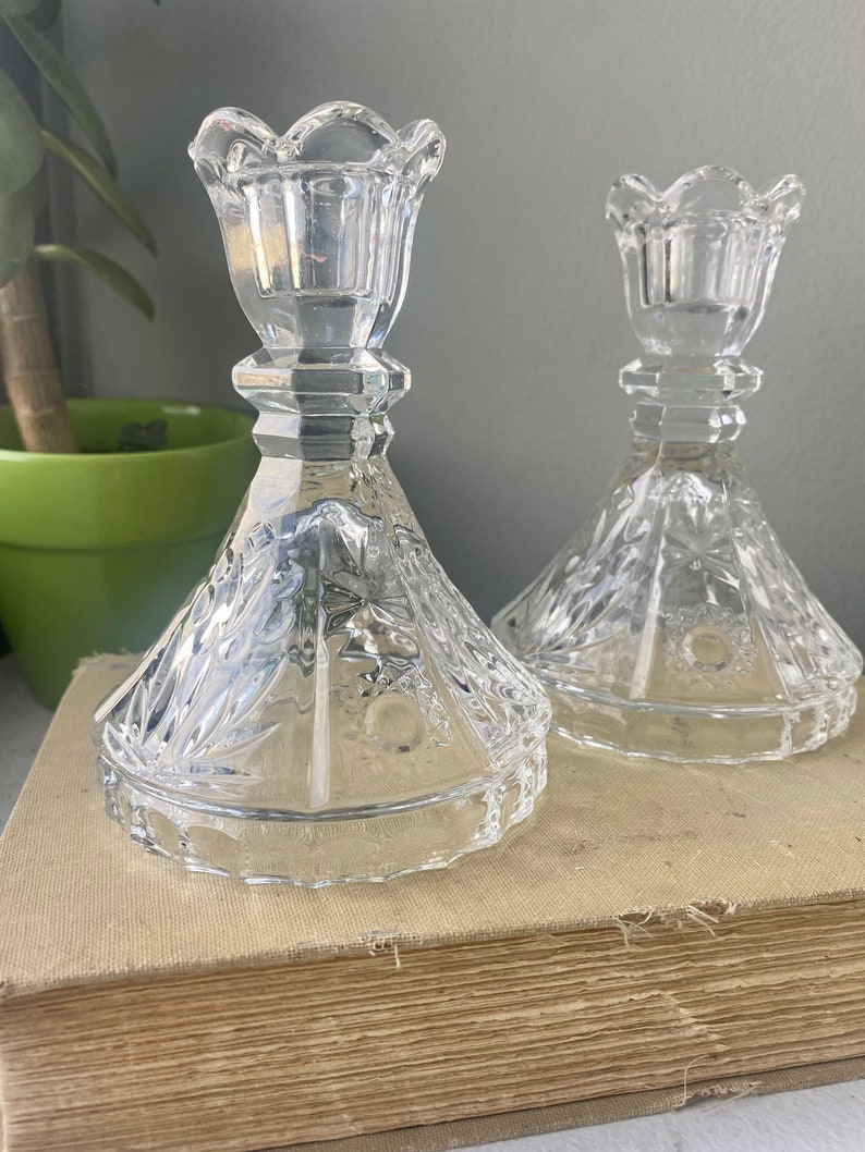 Vintage Lead Crystal Flower Taper Candlestick Holders, Anna Hutte Bleikristall Floral Crystal Decor, Vintage Tulip Candlestick Holders image 3