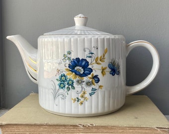 Vintage Blue Gold Floral Teapot with Lid, Blue Floral Cottagecore Teapot, Whimiscal Floral Teapot, Wonderland Tea Party, Wonderland Teapot