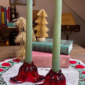 Vintage Pair of Ruby Red Glass Candlestick Holders, Duncan + Miller American Way Leaf Candle Holder, Red Christmas Table/Mantle Decor