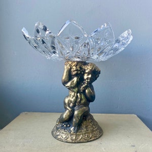 Mid-Century Hollywood Regency Style Cut Crystal/Brass Cherub Putti Pedestal Compote Bowl, Vintage Glass/Brass Trinket Dish