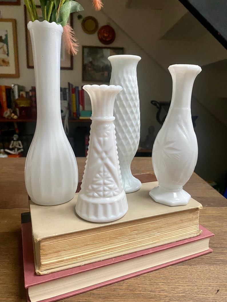 Vintage Milk Glass Vases, Milk Glass Wedding Centerpiece Vases, Neutral Academia Decor, Mismatched Vintage Flower Bud Milk Glass Vases image 3