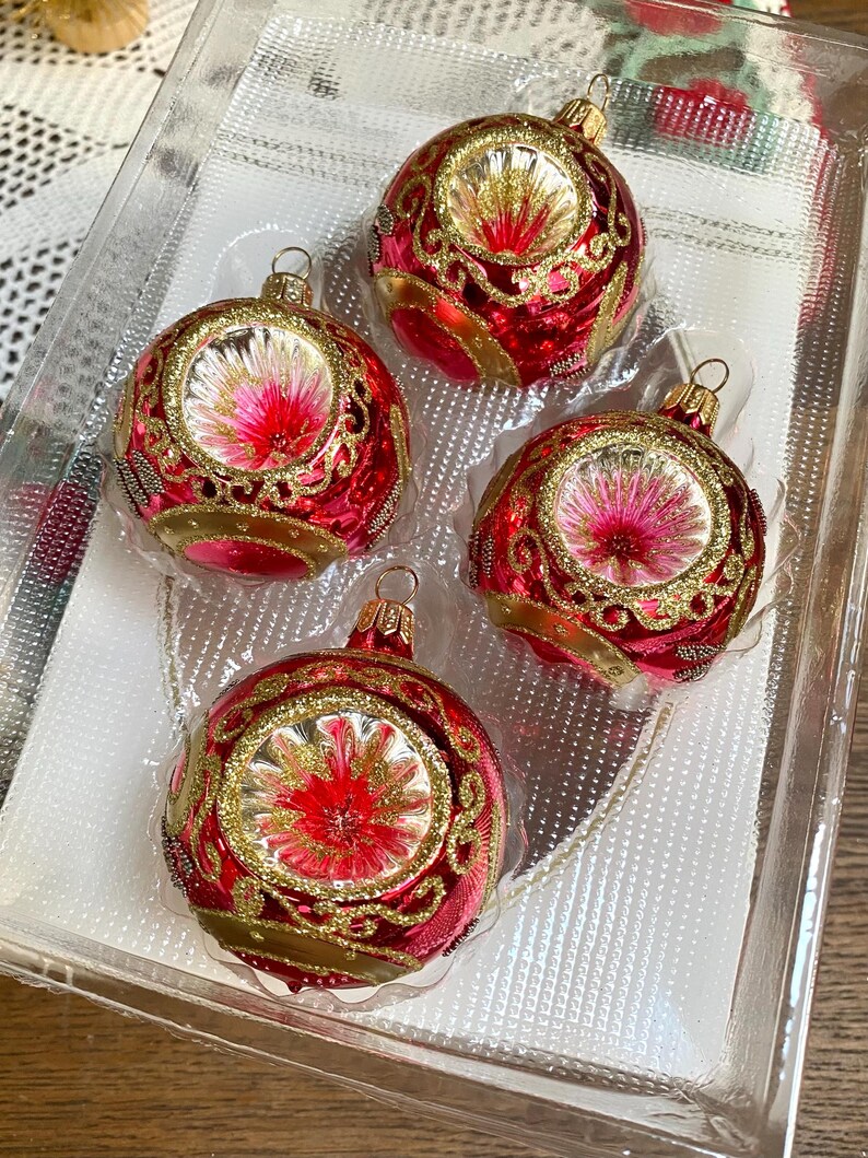 Vintage Red/gold Christmas Tree Ornaments, Kringle Glass Handcrafted