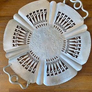 Vintage Hand Wrought Aluminum Floral Wildflower Serving Tray with Handles, 1940s Farber&Shlevin Round Tray, Large Metal Flower Tray Wall Art