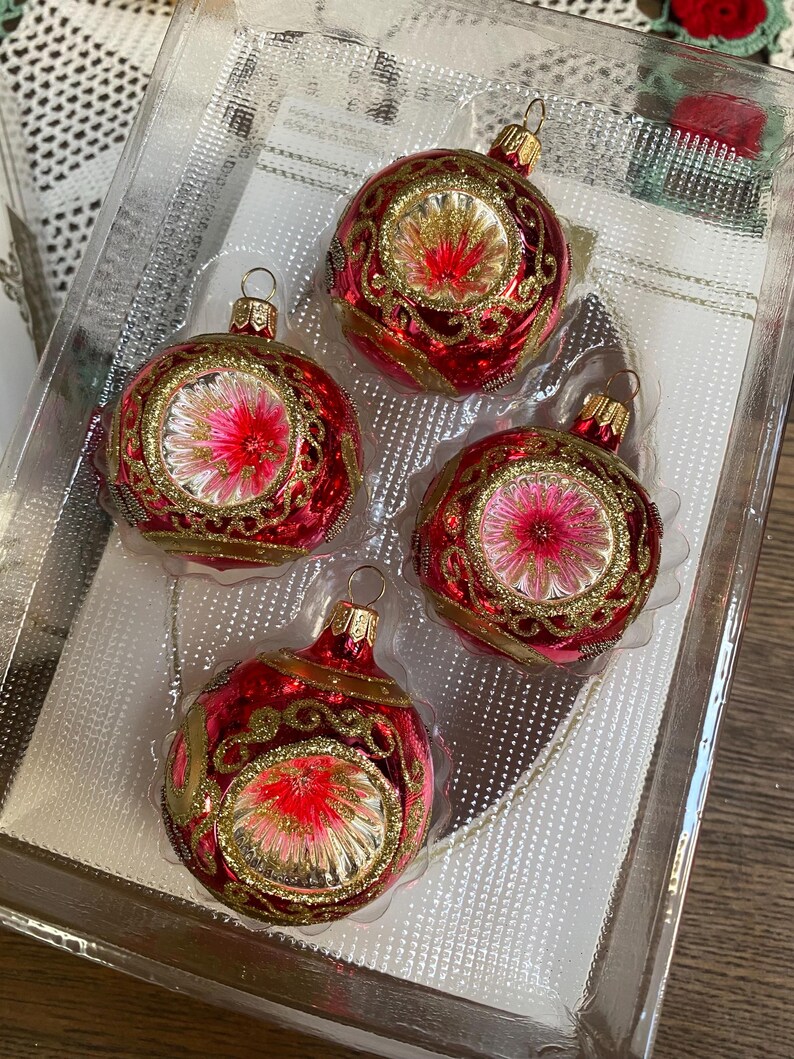 Vintage Red/gold Christmas Tree Ornaments, Kringle Glass Handcrafted